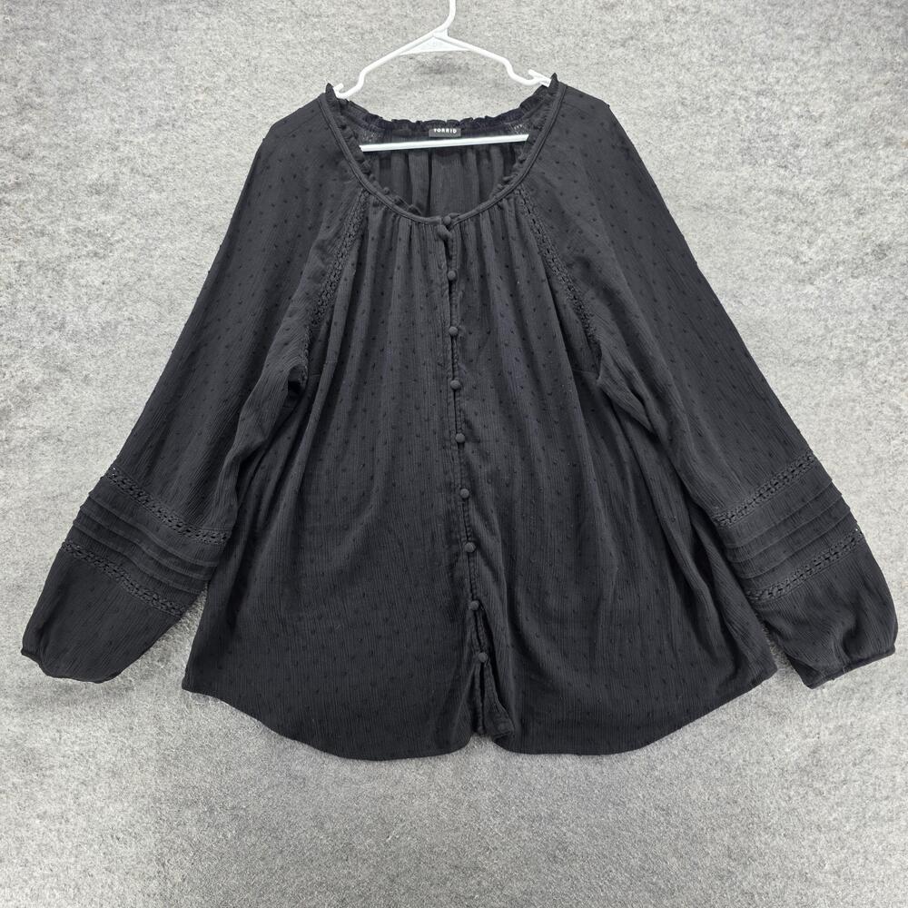 Torrid Shirt Womens 3 Black Swiss Dot Button Front Long Sleeve Tunic Blouse